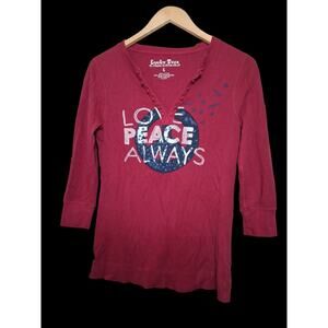 Lucky Brand Tees Red Thermal Henley Love Peace Always Graphic Y2K Bella Sz Large